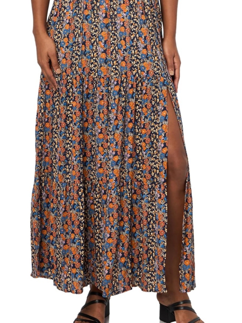 Angie Navy Floral Tiered Midi Skirt with Side Slit